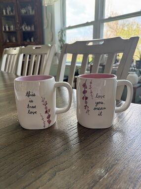 Rae Dunn White Mugs with Pink Interior and Floral Script - Set of 2